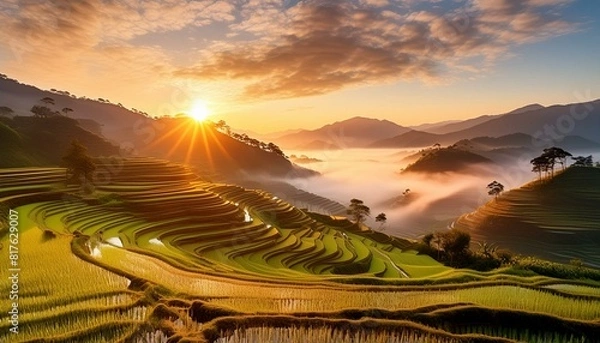 Obraz Misty Rice Terraces and Mountain Range