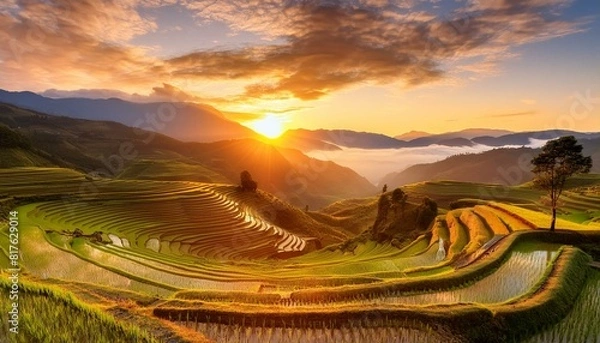 Obraz Misty Rice Terraces and Mountain Range