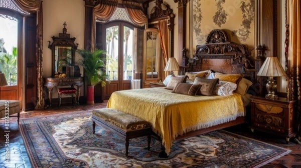 Fototapeta A large, ornate bed with a yellow blanket and pillows is in a room with a rug and a mirror. The room has a luxurious and elegant feel to it