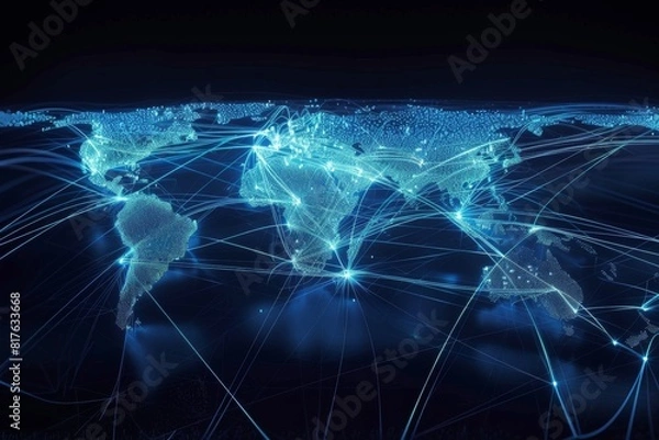 Fototapeta Global network map in blueprint style, major data centers marked, fiber-optic routes traced with dashed lines, ocean cables highlighted