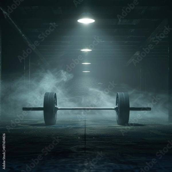 Obraz Iron barbells on a dark, smoky cinematic background, facilities in the gym for sports training function to increase bone density, shoulder muscles and also triceps