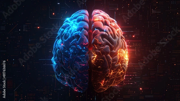 Fototapeta Visualization of human brain connected to a microchip