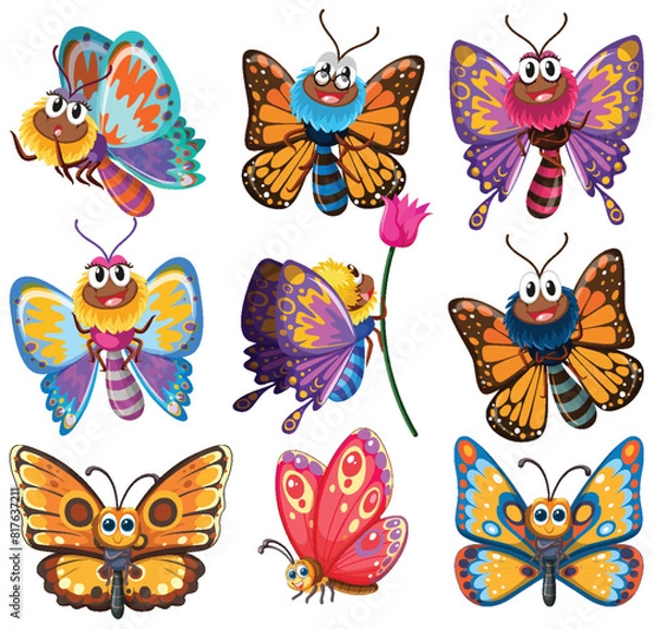 Fototapeta Assorted vibrant butterflies in playful cartoon style