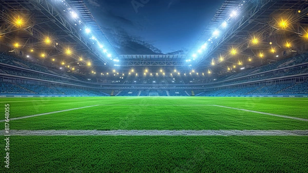Fototapeta Soccer Field Thrills Dive into the textured green soccer game field in a stadium at the center and midfield 
