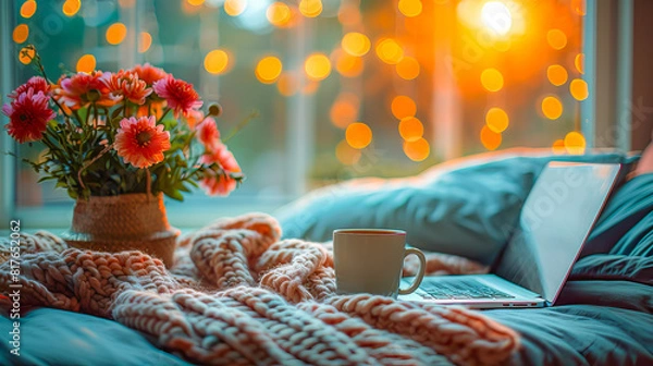 Obraz Cozy evening with laptop and coffee
