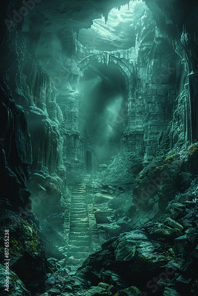 Fototapeta A mysterious cave entrance with rugged rock formations, dimly lit by natural sunlight filtering in from above, with a dark, deep interior