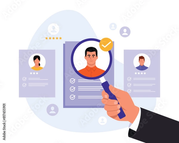Fototapeta Vector illustration of reviewing employee questionnaires when hiring. Cartoon scene of employer reviewing resume, hand holding magnifying glass isolated on white background. Search for job candidates.