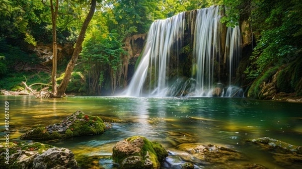 Fototapeta A multi-tiered waterfall cascading through a lush rainforest, panoramic view capturing its full grandeur