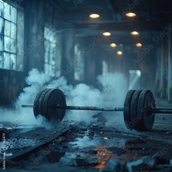 Fototapeta Iron barbells on a dark, smoky cinematic background, facilities in the gym for sports training function to increase bone density, shoulder muscles and also triceps