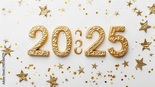 Fototapeta Happy New Year 2025. Gold Numbers 2025 on white Background,with Flying Confetti and Ribbons.