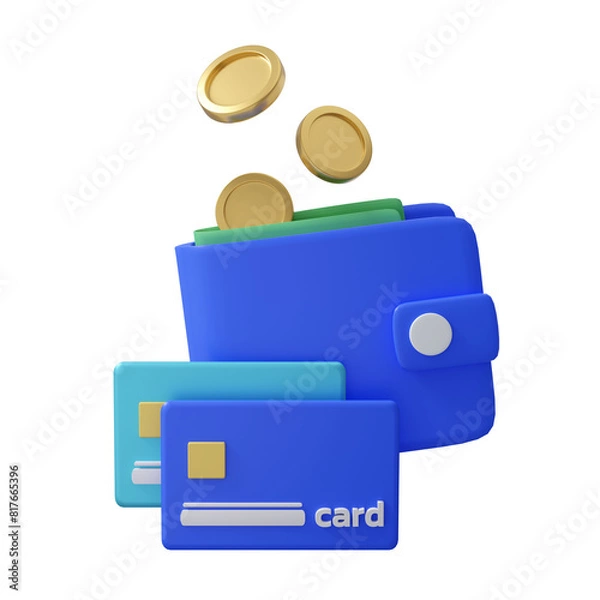 Fototapeta 3d icon of a card with money and a purse for business illustration