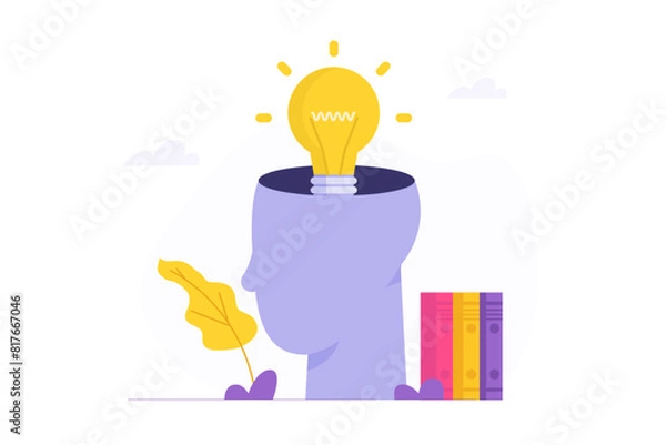Fototapeta Idea in head concept. Think outside the box, light bulb inside a head, representing ideas, brainstorming, and creative dreaming. New ideas, solutions, and creativity. Flat vector illustration.