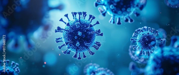 Fototapeta High definition representation of blue virus cells in a floating, microscopic environment