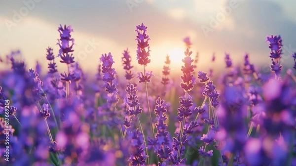 Fototapeta Tranquil scene of a lavender field in full bloom, bathed in the warm light of a setting sun