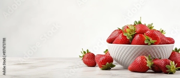 Fototapeta A bowl of fresh ripe strawberries sits on a white porcelain table There is ample space on the banner for text