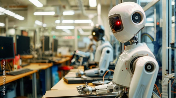 Fototapeta Humanoid robot in a high-tech laboratory, illustrating AI research and cutting-edge robotics technology.