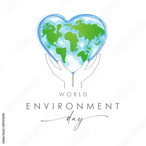 Fototapeta World Environment Day greeting banner. Social media timeline story concept. Earth logo creative design. Mother Earth in hands, digital illustration. Global map in heart frame. Brushing stroke icon.