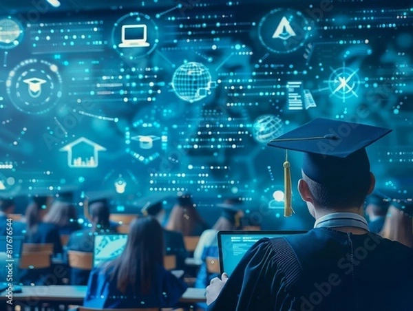 Fototapeta Graduate in a world of data, illustrating the integration of technology in education, perfect for discussions on futuristic learning environments