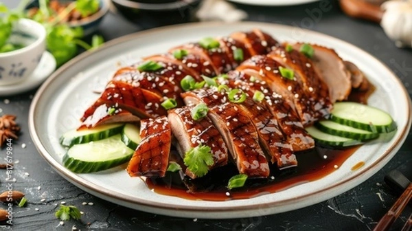 Fototapeta Sliced roasted duck served with cucumbers and sauce on a dark background.
