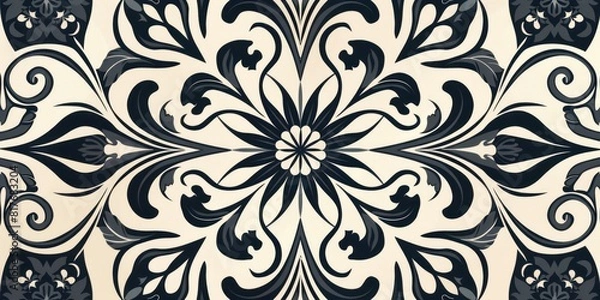 Fototapeta Intricate black and white tile with a detailed ornate pattern