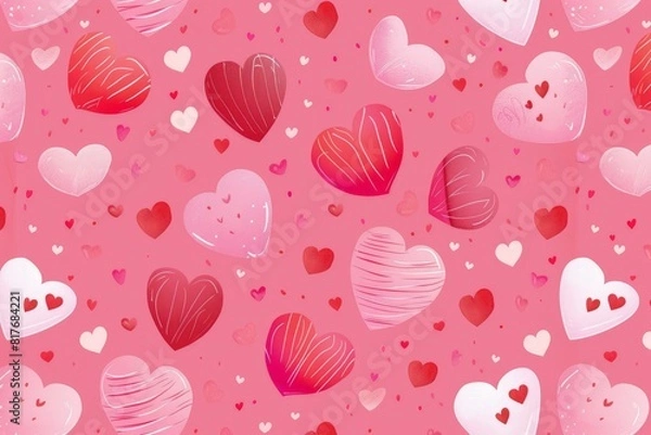 Fototapeta Abstract seamless geometric pattern with hearts in pink colors. Cute background - Valentines day design. Beautiful simple AI generated image in 4K, unique.