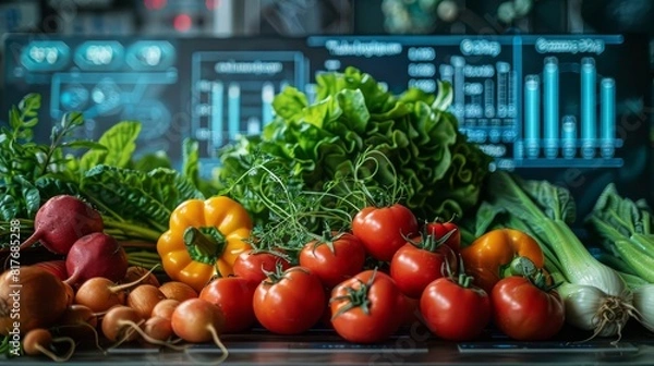 Obraz Fresh vegetables arrayed in front of a futuristic nutritional data display, perfect for visualizing smart farming and sustainable agriculture technologies