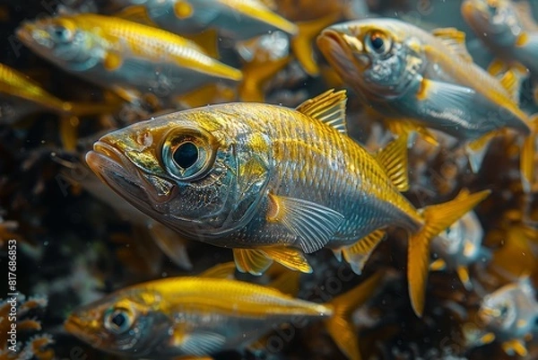 Fototapeta Herring fish in a school, representing vital components of marine ecosystems. 