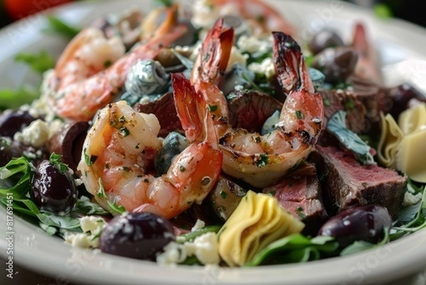 Fototapeta Blue cheese surf and turf salad with rare shrimp steak olives and artichokes
