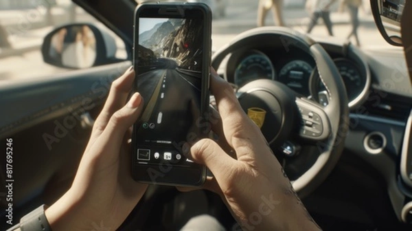 Fototapeta a woman using a smartphone while driving a car