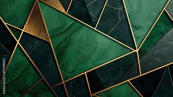 Fototapeta Abstract background, with geometric patterns in deep emerald green, luxurious gold, and sleek black
