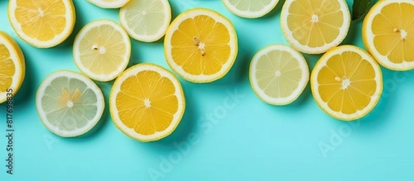Fototapeta A flat lay of half sliced lemons placed on both the top and bottom of a cyan background creates a vibrant summer copy space image