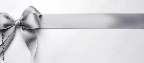 Fototapeta A silver silk ribbon featuring a lovely bow is showcased on a white background in this captivating copy space image