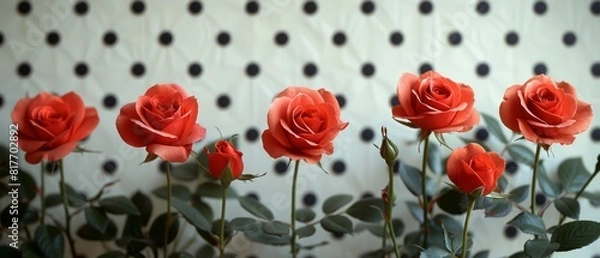 Fototapeta small red rose On a white background, black polka dots.