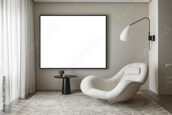 Fototapeta Modern Minimalist Interior Mock-up with Empty Frame and Curved Chair