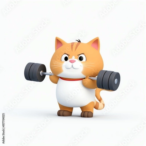 Obraz A cat lifting dumbbells with a serious expression on a white background
