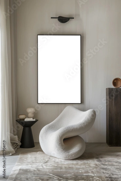 Fototapeta Modern Minimalist Interior Mock-up with Empty Frame and Curved Chair