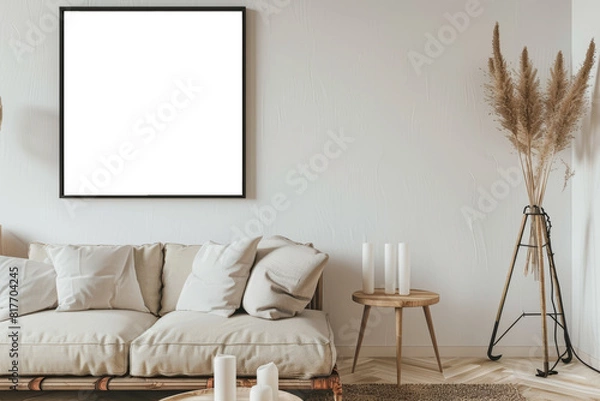 Fototapeta Scandinavian Minimalist Interior Mock-up with Empty Frame and Cozy Sofa