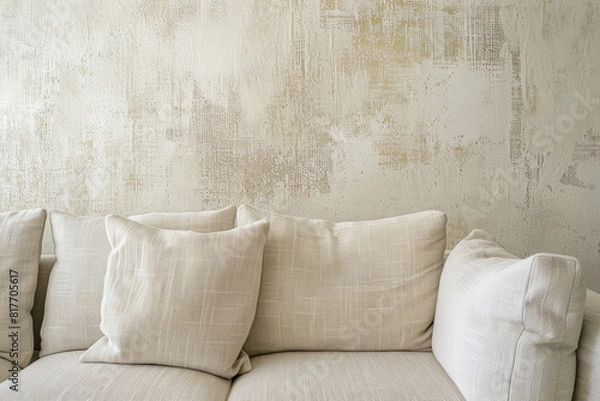 Fototapeta Rustic Minimalist Interior Mock-up with Linen Sofa and Textured Wall