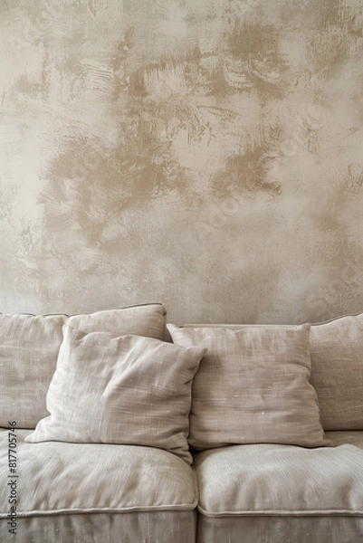 Fototapeta Rustic Minimalist Interior Mock-up with Linen Sofa and Textured Wall