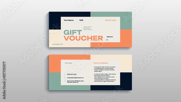 Fototapeta Abstract gift voucher card template. Modern discount coupon or certificate layout with geometric shape pattern. Vector fashion bright background design with information sample text.