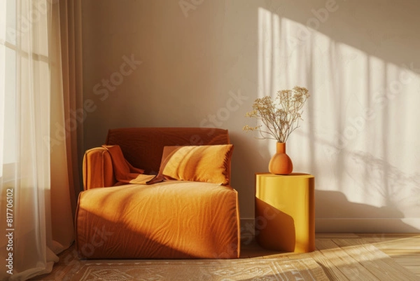Fototapeta Warm Minimalist Interior Mock-up with Orange Chair and Soft Light