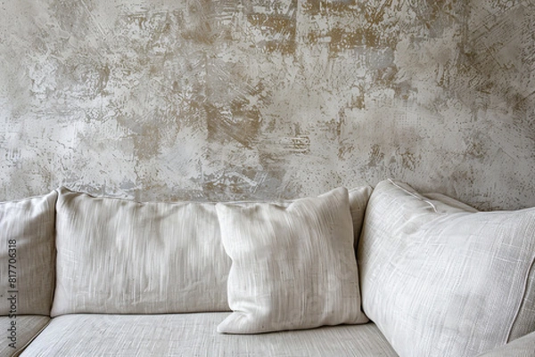 Fototapeta Rustic Minimalist Interior Mock-up with Linen Sofa and Textured Wall