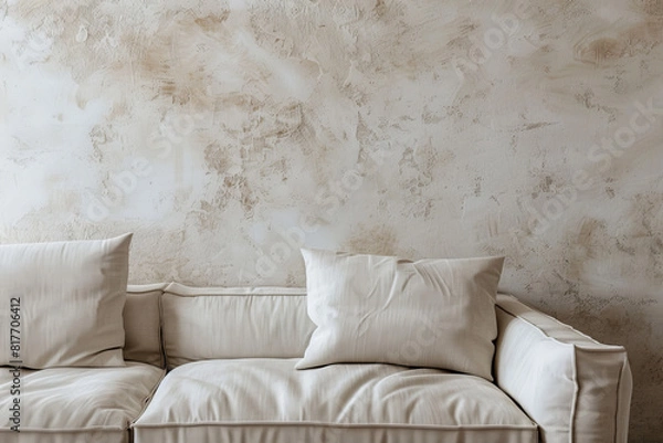 Fototapeta Rustic Minimalist Interior Mock-up with Linen Sofa and Textured Wall