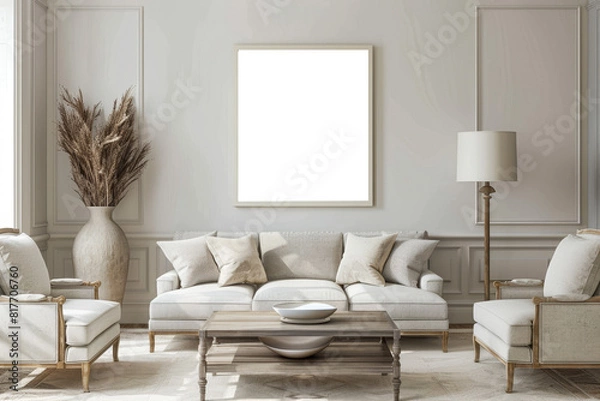Fototapeta Bohemian Minimalist Interior Mockup with Empty Frame Art and Cozy Sofa