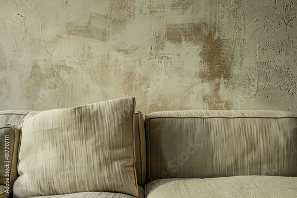 Fototapeta Rustic Minimalist Interior Mock-up with Linen Sofa and Textured Wall