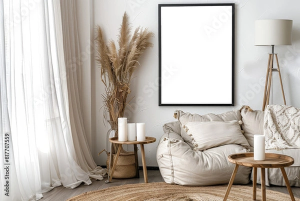 Fototapeta Bohemian Minimalist Interior Mockup with Empty Frame Art and Cozy Sofa