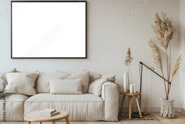 Fototapeta Bohemian Minimalist Interior Mockup with Empty Frame Art and Cozy Sofa