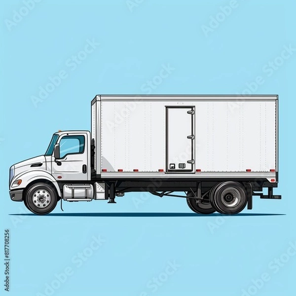 Fototapeta A refrigerated delivery truck illustration as a sticker with normal colors, highlighted by a black outline on a solid sky blue background.