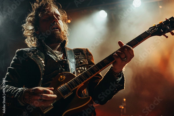 Fototapeta Crazy rockers at rock concert in night club heavy metal performance rock and roll lifestyle Generative AI