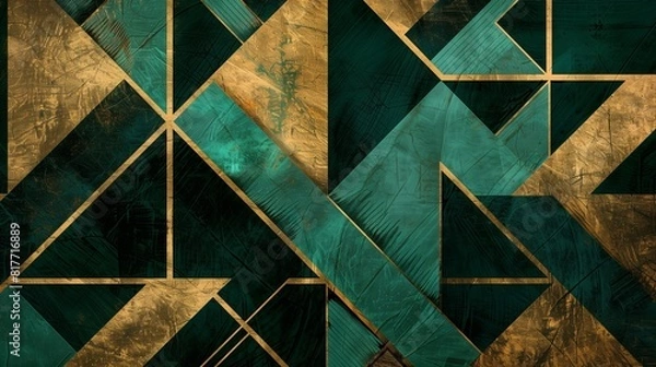 Fototapeta Abstract background ,that celebrates the golden age of design with geometric patterns in vintage emerald green, radiant gold, and deep black